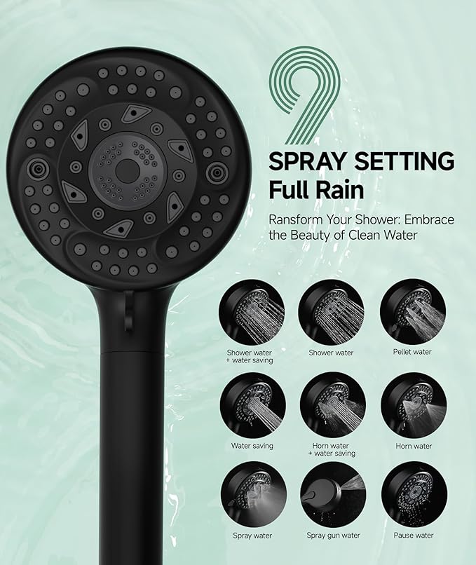 SunCleanse Filtered Shower Head with Handheld, 9-Spray Setting Detachable Showerhead with Filters, Shower Head for Hard Water - Filtered Chlorine, Improve Skin and Hair Texture, Black