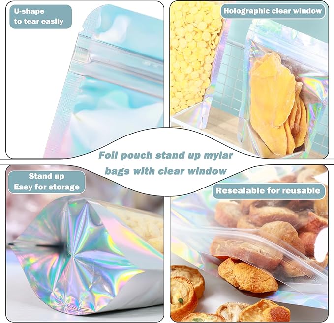 150-pack 7” x 10” Stand Up Mylar Bags with Clear Window 1 Quart Resealable Foil Pouches for Food Storage Smell Proof Edible Packaging Bag for Small Business Large Plastic Storage Bag Bulk, Holographic