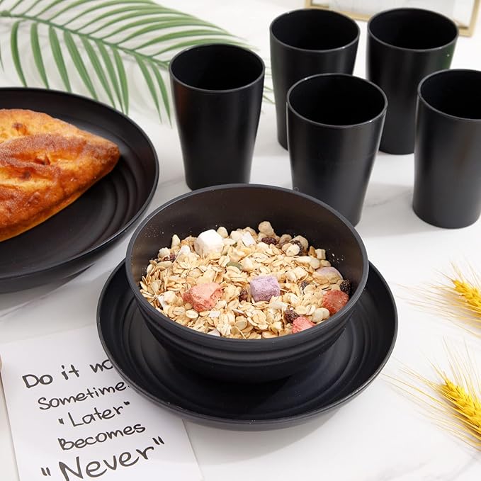 Supernal Wheat Straw Dinnerware Sets,Plates and Bowls Set, Dish Sets for 8, Unbreakable Plate for 8 Dishwasher Safe,Reusable Dinnerware Black-16pcs Plates, 8pcs Bowls, 8pcs Cups.