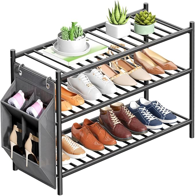 Bamboo Shoe Rack for Closet Small Wooden Shoe Organizer with Pouch, Sturdy Wood Shoe Shelf for Front Door Entrance Entryway and Outdoor, 26 inch Wide (Black, 3-Tier)