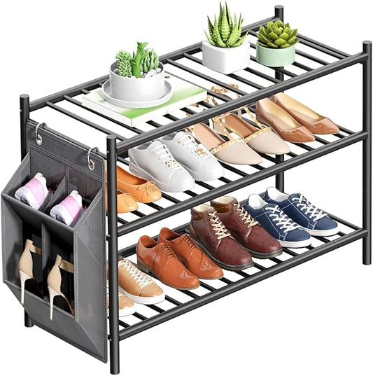 Bamboo Shoe Rack for Closet Small Wooden Shoe Organizer with Pouch, Sturdy Wood Shoe Shelf for Front Door Entrance Entryway and Outdoor, 26 inch Wide (Black, 3-Tier)