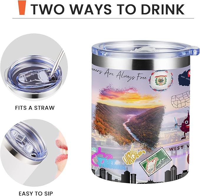 12oz Coffee Mug West Virginia State Insulated Coffee Cups, United States Map Travel Mug Landmark, Birthday Gifts Cute Mugs with Lid and Straw Gifts for Mom
