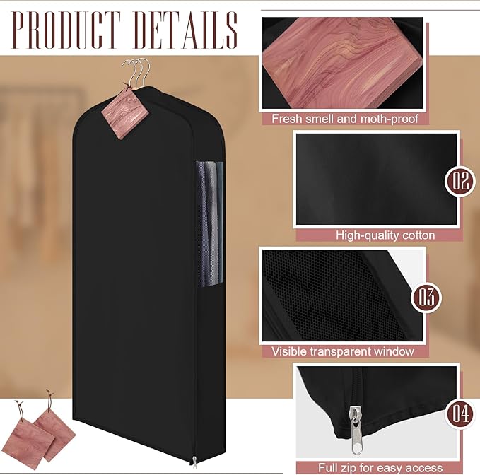 40" Cotton Garment Bag for Hanging and Storage Clothes with 4 Cedar Blocks for Fresh Smell and Moth Protection, Breathable Hanging Storage Bag for Suit Sweater Gown Fur Coat, 6'' Wide, Black