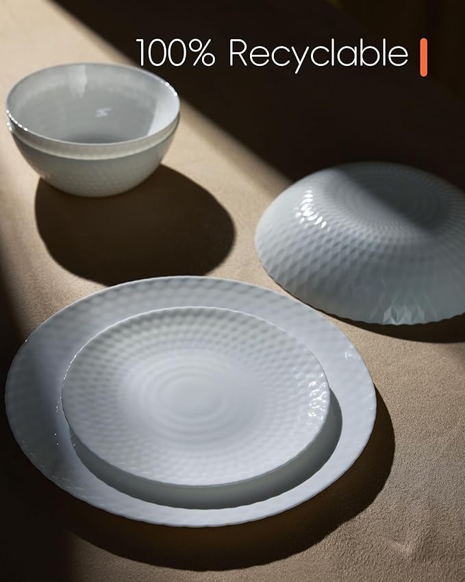 Dinnerware Sets for 4, Light & Durable 12 Pieces Opal Glass Plates and Bowls Set, Dishwasher and Microwave Safe Ribbed Dish Dinning Ware, Thin but Strong Geometric Faceted White