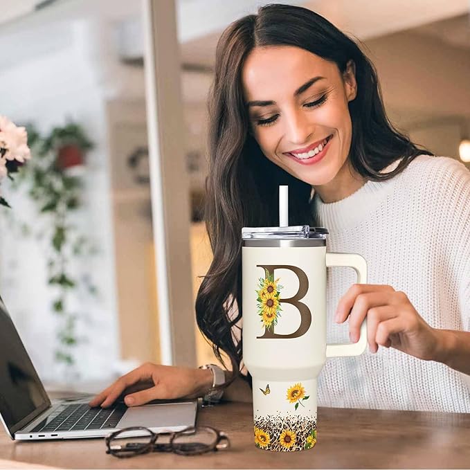 Personalized Birthday Gifts For Women - Sunflowers Monogrammed Cup For Boss Day, Christmas - Customized Gifts For Women, Mom, Wife, Coworkers, Boss Lady, Her - Custom Tumbler With Handle 40oz