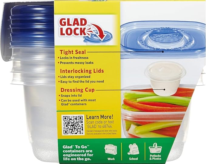 Glad GladWare To Go Snack Food Storage Containers - Medium Round - Meal Container Holds up to 24 Ounces of Food - Lock Tight Seal, 4 Count - 2 Pack