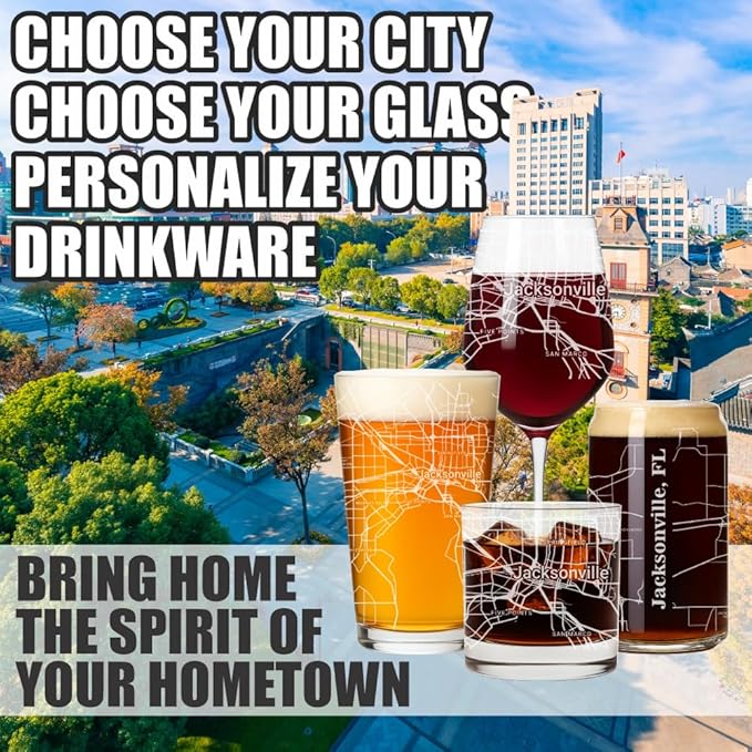 Blue Ridge Mountain Gifts - Jacksonville Souvenir - Florida Glassware Gift, Etched City Map, Laser Engraved and Dishwasher Safe
