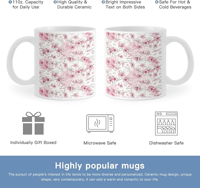 Coffee Mugs Ceramic Latte Mug with Handle Almond Blossom Pattern 11 OZ for Men Women for Latte Cappuccino Cocoa Milk Dishwasher & Microwave Safe