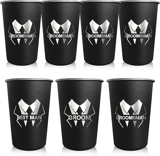 PartyGifts&beyond Groomsmen Gifts 7Pcs Groom Cups 16 Oz Groom Squad Cups for Bachelor Party Favors Stainless Steel Groomsmen Tumbler(LJ-Bold)