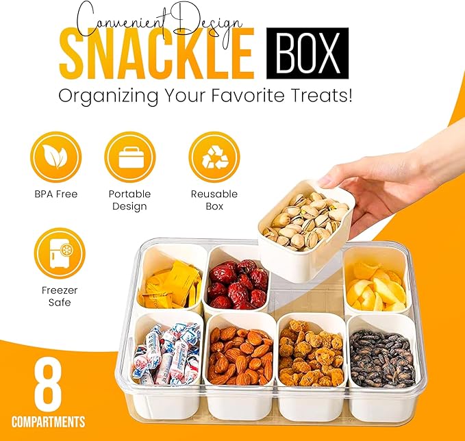 Snackle Box Container (3-Pack) Snack Box Container with Lid | Divided Serving Tray with Lid | Large & Small Airtight Snack Tray, Veggie Tray, Snacklebox for Travel, Snacks, Fruits & More