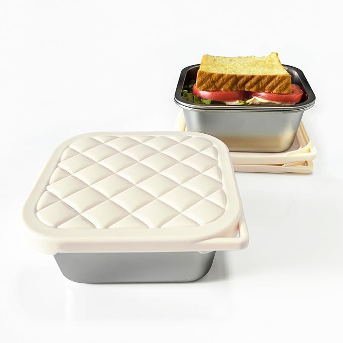 F.Y.Dreams 3 Pack 304 Stainless Steel Sandwich Containers With Silicone Lids/ 3 * 35 OZ/Plastic Free Lunch Box/Metal Bento Box/Meal Prep Food Storage containers/Snack Containers/Cream