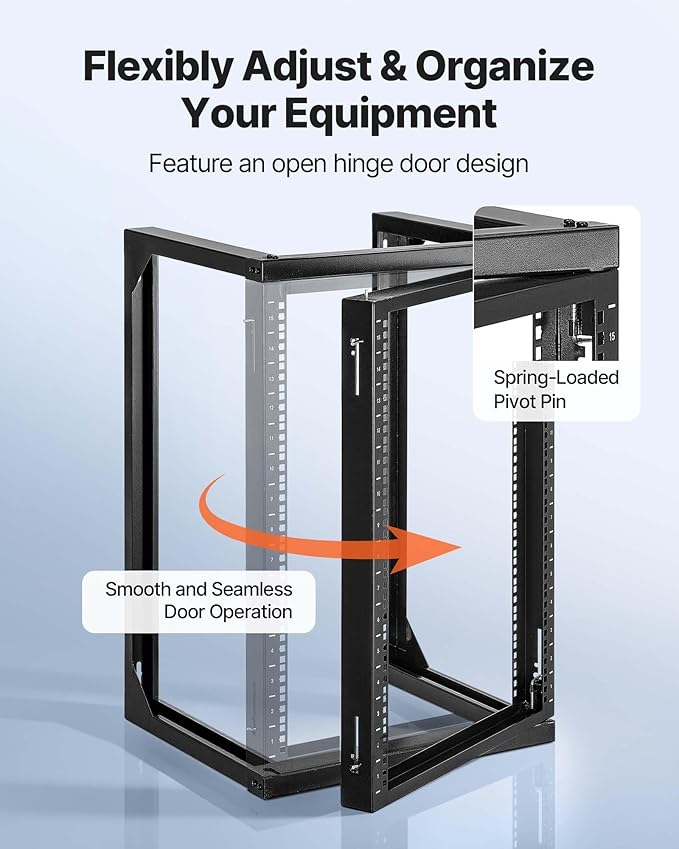 VEVOR 15U Open Frame Server Rack, Free Standing or Wall Mount Rack with 180 Degrees Gate Swing, Network Rack for 19" IT Equipment & A/V Devices