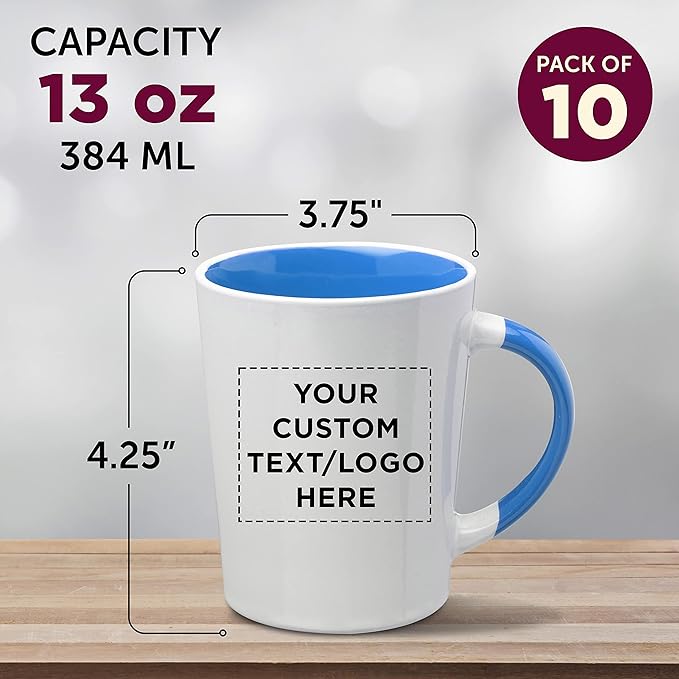 Custom Ceramic Latte Coffee Mugs by Albany 13 oz. Set of 10, Personalized Bulk Pack - Perfect for Coffee, Tea, Espresso, Hot Cocoa, Other Beverages - Process Blue
