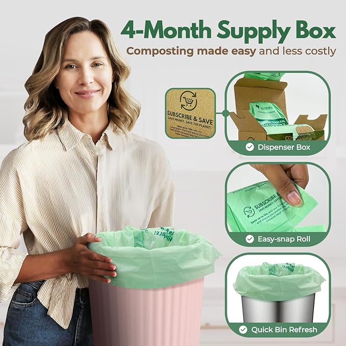 Compostable Kitchen Trash Bags 8 Gal - Cornstrarch Leakproof & Tear Resistant 100 Compost Bags - OK Compost Home & Seedling Certified 0.22 mm Kitchen Garbage Bags