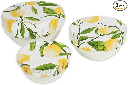 DII Reusable Cloth Bowl Cover Collection Machine Washable, Cotton with Elastic Stretch for Food Storage, 10.25"/8.25"/7.5" Diameter, Lemon Bliss Print, 3 Piece