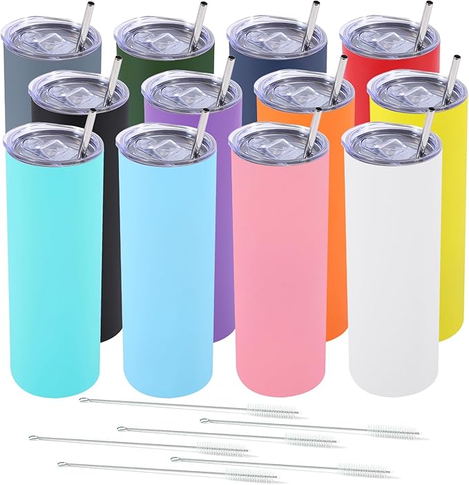 Dongni Skinny Tumbler with Lid 20 oz Stainless Steel Vacuum Insulated Double Wall Travel Coffee Water Tumblers Cup (Mix 12pack)