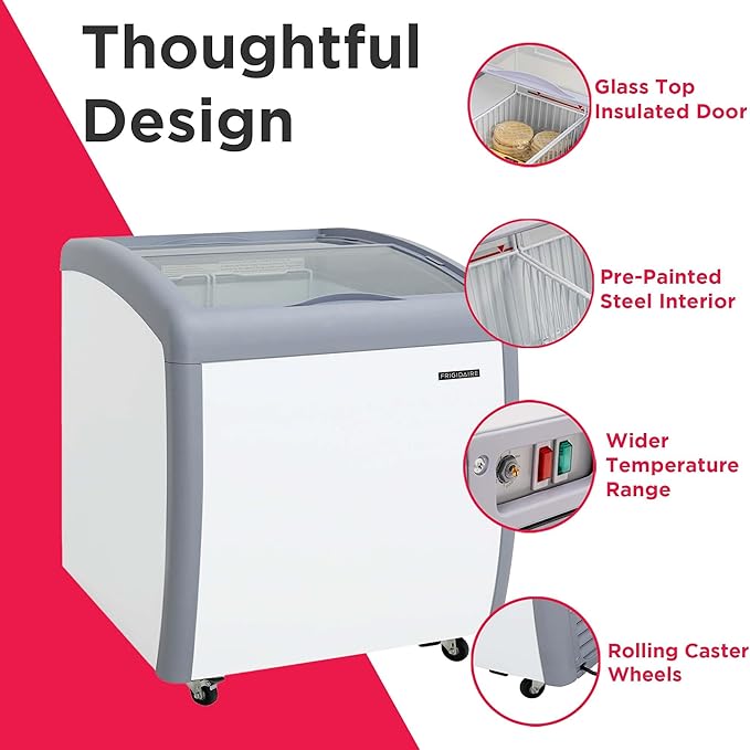 Frigidaire Commercial Chest Freezer for Ice Cream and Frozen Foods, Store Displayer, Glass Top Storage Case, 4 Cu. Ft. Bin, Rolling Caster Wheels, Adjustable Temperature, Energy Efficient Cooling