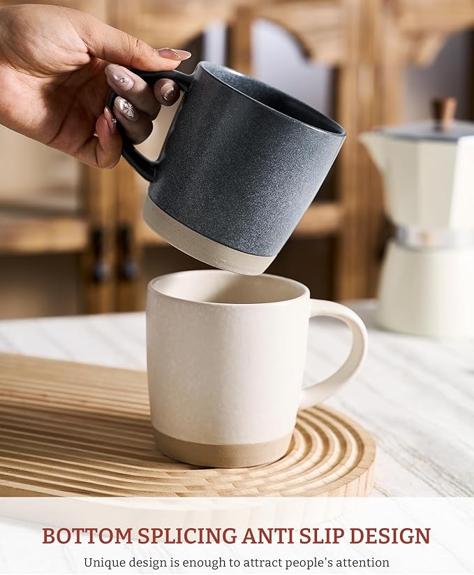 famiware Coffee Mugs Set of 4, Milkyway 13 oz Mug Set, Ceramic Cup Set with Handle for Coffee, Tea, Cocoa, Milk, Matte White + Matte Dark Charcoal