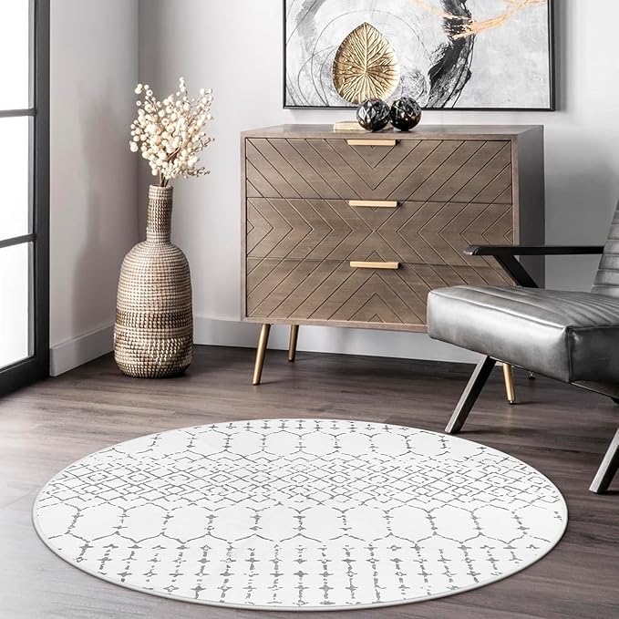 Lahome Moroccan Round Area Rug - 3Ft Round Rug Non-Slip Washable Soft Round Bathroom White Throw Small Circle Rug for Bedroom, Modern Geometric Print Low-Pile Round Rugs for Entryway Kitchen Sofa