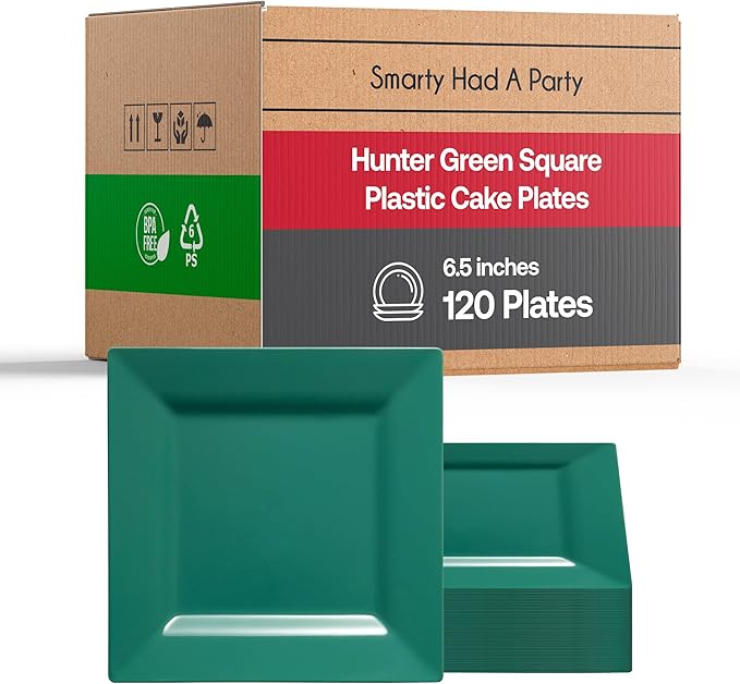 Smarty Had A Party Disposable Plastic Dinnerware, 6.5" Heavy Duty Square Hunter Green Plates for Cakes and Parties, Bulk Supplies for All Occasions (120 Count)