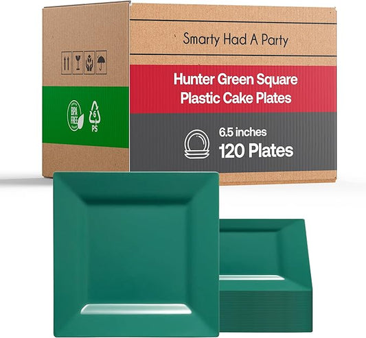 Smarty Had A Party Disposable Plastic Dinnerware, 6.5" Heavy Duty Square Hunter Green Plates for Cakes and Parties, Bulk Supplies for All Occasions (120 Count)