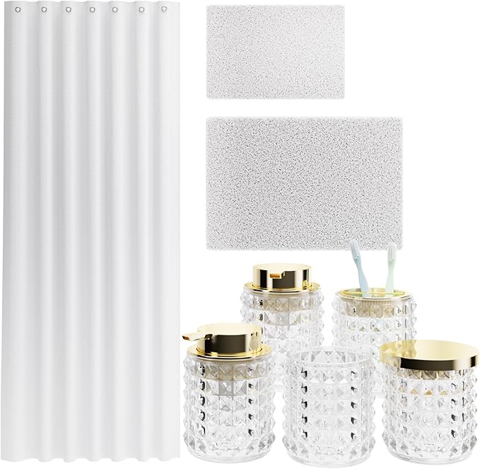 Bathroom Sets with Shower Curtain and Rugs and Accessories, Glass Bathroom Accessories Set Clear Bathroom Set Bathroom Sets, White Bath Mat and Diamond Soap Dispenser for Bathroom Decor