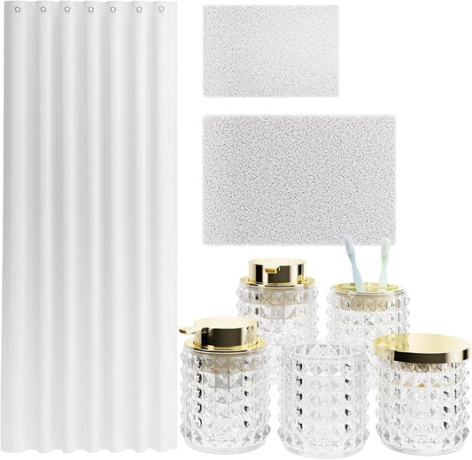 Bathroom Sets with Shower Curtain and Rugs and Accessories, Glass Bathroom Accessories Set Clear Bathroom Set Bathroom Sets, White Bath Mat and Diamond Soap Dispenser for Bathroom Decor