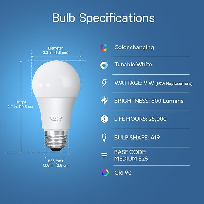 Feit Electric Smart Light Bulbs with RGBW Color Changing and Tunable White, 60W Replacement, Dimmable, Wi-fi Enabled, No Hub Needed, Works with Alexa and Google, OM60/RGBW/CA/AG/3, 3 Pack