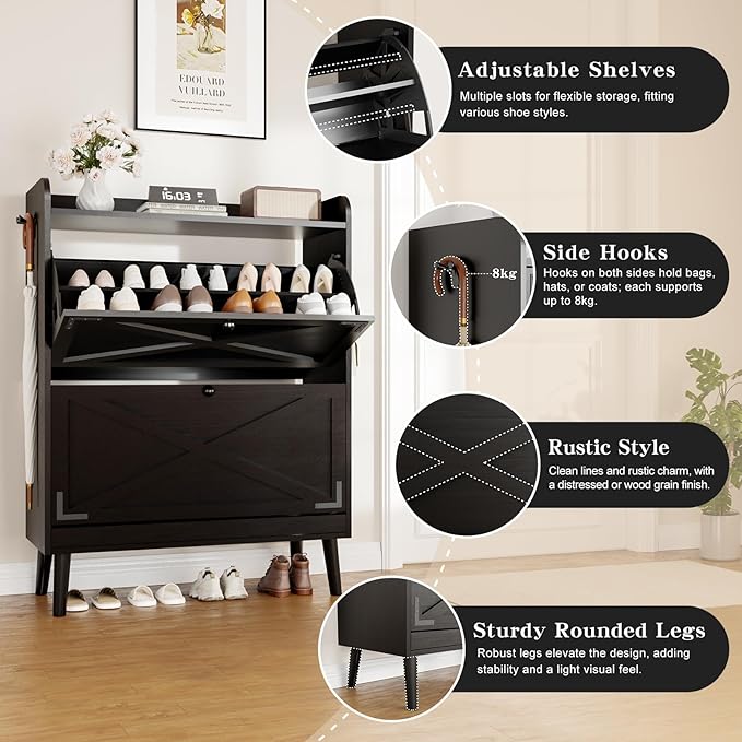 Shoe Storage Cabinet with 2 Flip Drawers & Adjustable Shelves,Narrow Shoe Cabinet Storage with Doors Side Hooks Wooden Shoe Rack Cabinet for Entryway,Hallway,Rustic Black