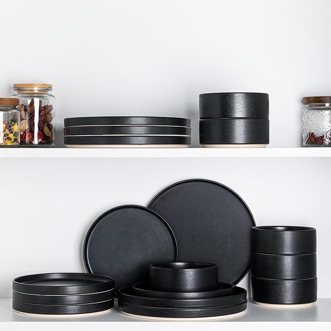 TheTerra Ceramic Dinnerware Sets for 4, 12 Pieces Handmade Reactive Glaze Plates and Bowls Set, Scratch Resistant Dish Set, Oven & Microwave & Dishwasher Safe, Matte Black