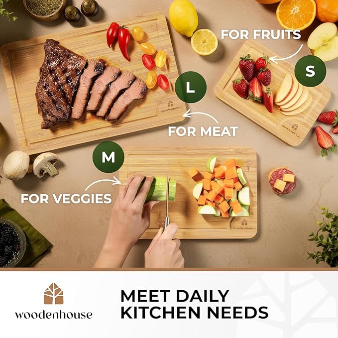 Bamboo Cutting Board Set of 3 with Holder – Durable Wooden Boards for Kitchen, Chopping & Serving – Eco-Friendly by Woodenhouse