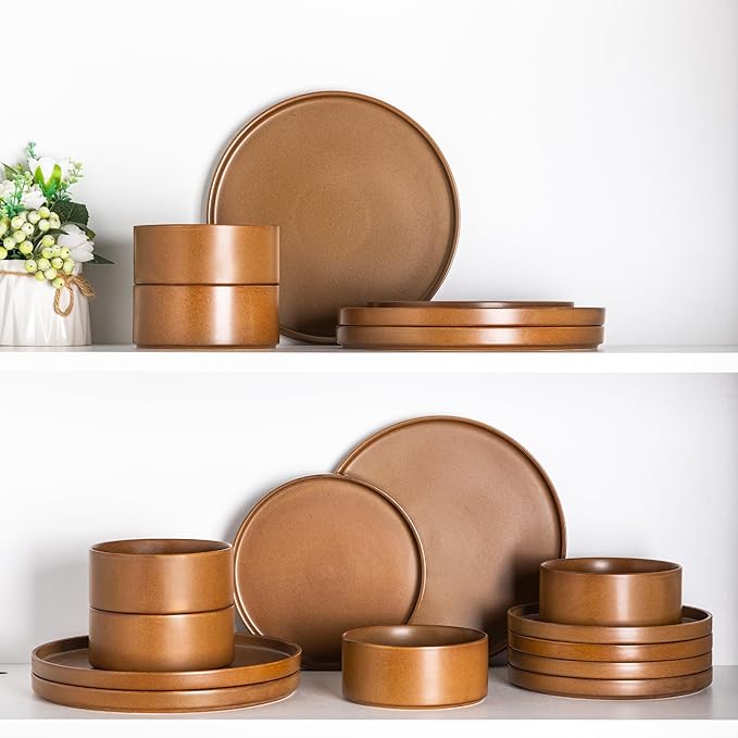 LERATIO Ceramic Dinnerware Sets for 6, High Edge Stoneware Plates and Bowls Set, Chip and Crack Resistant | Oven & Dishwasher & Microwave Safe Dishes Set, Service for 6