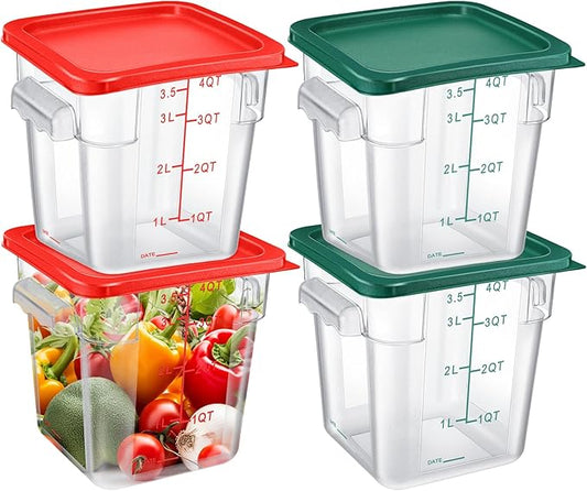 Maxcheck 4 Pcs 4qt Food Storage Container with Lids Bulk Clear Commercial Food Storage Bins with Scale Handle Space Saving Restaurant Tubs for Kitchen Prep Proof Dough Marinating Meat(Red, Green)