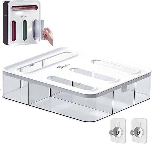 Food Storage Bag Organizer, Plastic Baggie Holder, 4 in 1 Plastic Bag Organizer for Gallon, Quart, Snack & Sandwich, Kitchen Drawer Organizer & Wall Mount Ziplock Bag Holder, White/clear