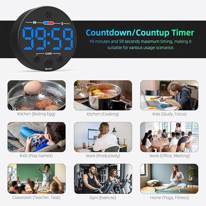 Large LED Digital Timer, Magnetic Countdown Loud Timer for Kitchen Cooking, Classroom Whiteboard, Kids, Toddler, Game, Productivity, Focus, Work, Task, Office, Meeting – Small, Simple, Visual, Blue