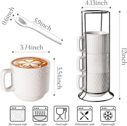 Large Coffee Mug Set of 4 with Stand and Spoons – 14oz Heavy Duty Ceramic Cups for Breakfast Coffee, Hot Drinks, Cocoa – Microwave & Dishwasher Safe – Big Porcelain Mugs Gift for Home Use