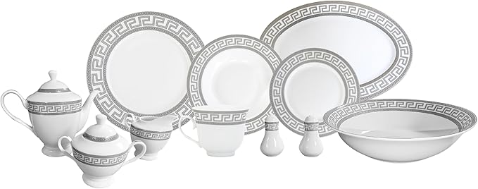 Dinnerware Set for 8-49 Piece Vintage Porcelain Dish Set - White and Silver Greek Key Design - Luxurious Tableware - For Everyday Use or Formal Occasions (Meander Silver 2049)