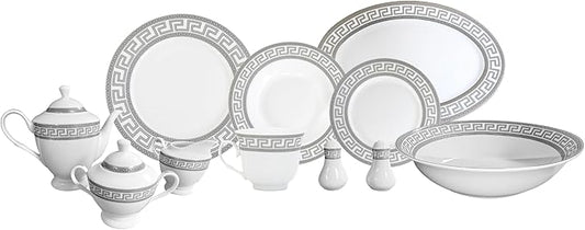 Dinnerware Set for 8-49 Piece Vintage Porcelain Dish Set - White and Silver Greek Key Design - Luxurious Tableware - For Everyday Use or Formal Occasions (Meander Silver 2049)