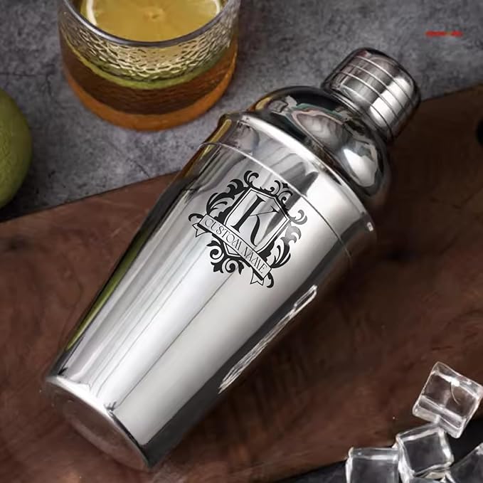 Personalized Cocktail Shaker 24oz - Custom Stainless Steel Bar Kit with Engraved Name, Built-in Strainer & Measuring Jigger & Spoon, Gift for Bartenders & Cocktail Lovers (Shield Design)