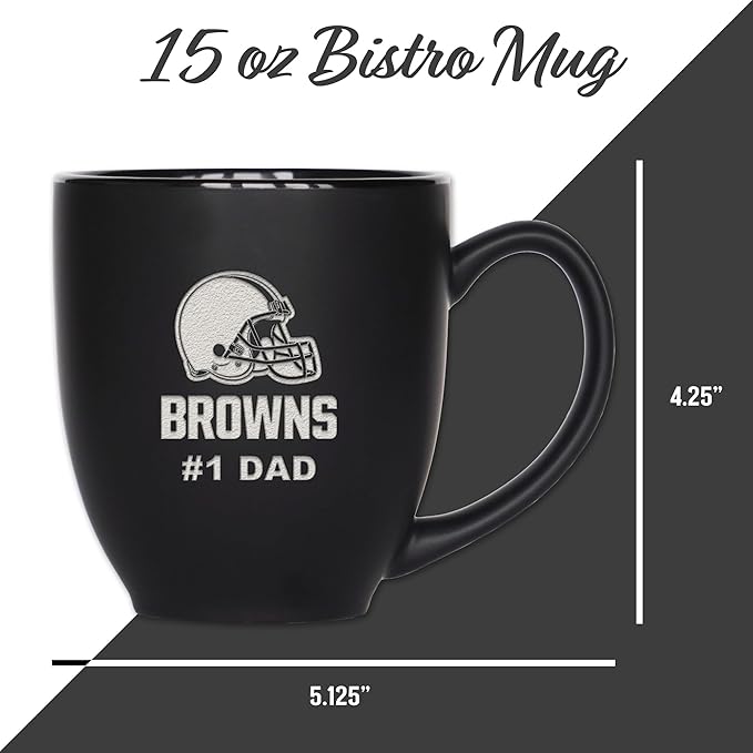 Rico Industries NFL Football #1 Dad 15oz Laser Engraved Matte Black Ceramic Bistro Mug - for Hot or Cold Drinks