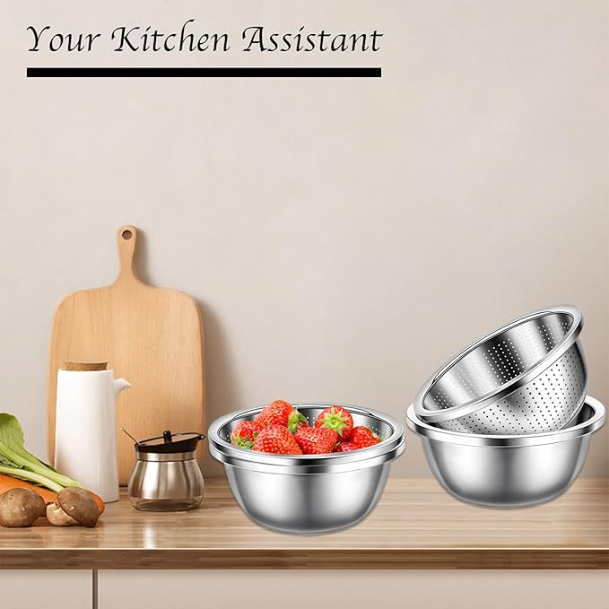 Stainless Steel Mixing Bowls, 4 Pack Rice Washer Strainer Bowl Large Mixing Bowl Salad Mixing Bow, Rice Cleaner Strainer Stainless Steel Colander For Washing Vegetables, Fruit, Rice, Straining Pasta