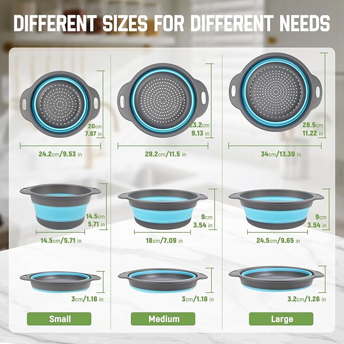 Collapsible Colanders (3 Pack Set) Food Strainers