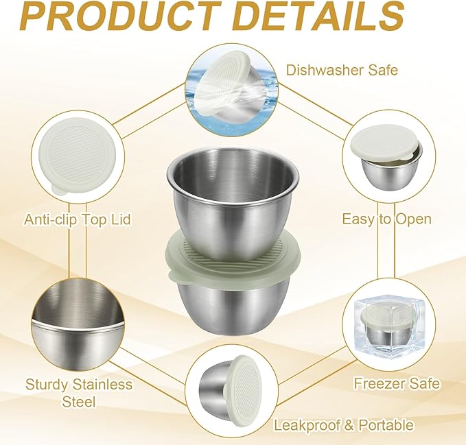 uxcell 1 Set 2.8oz Stainless Steel Salad Dressing Containers with Silicone Lids, Reusable Dipping Sauces Cups, Leakproof Condiment Containers for Picnic Travel Kitchen, White