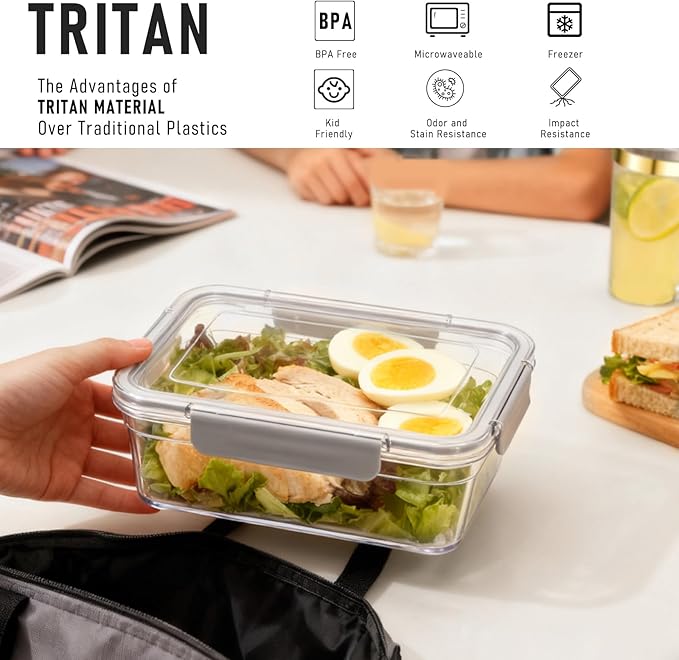 Tritan Plastic Food Storage Containers, Airtight Tritan Plastic Locking for Fridge Freezer, Meal Prep, Deli Meat, Snacks, 8 Containers with Lids, 16 pieces, Clear
