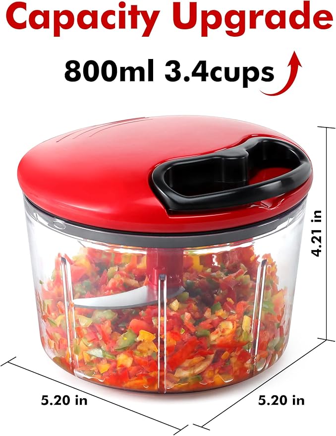 GDL Food Chopper, Pull Onion Chopper Dicer, Hand Powered Food Mincer, Fast Cutting Hand Chopper for Oinon, Garlic, Nut, 3.4 Cups 0.8L, Red