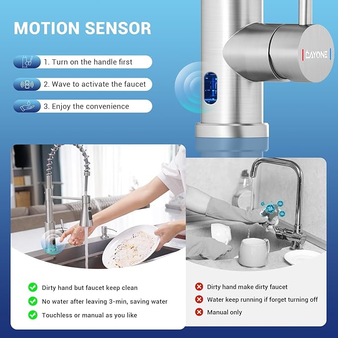 DAYONE Touchless Kitchen Sink Faucet with Pull Down Sprayer and Soap Dispenser, Stainless Steel Motion Sensor Touch Faucet for Kitchen Sink Smart Hands-Free Single Handle, Brushed Nickel