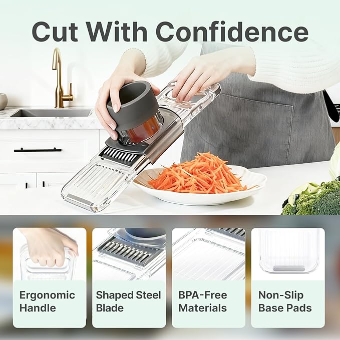 Mandoline Slicer for Kitchen, 6-in-1 Vegetable Cutter with Safe Hand Guard, One-Piece Transparent Body, Easy-Clean Design & Compact Storage for Salad Prep, Chips, Fruits & Daily Cooking