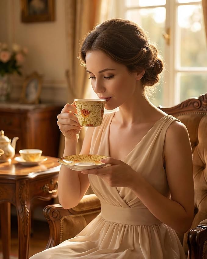 Exquisite Bone China Tea Cups and Saucer Set – Elegant Porcelain Tea Cups, Beautifully Detailed for Tea Lovers, Gift-Ready for Christmas, Hostess, Holiday Gift & Fall Decor