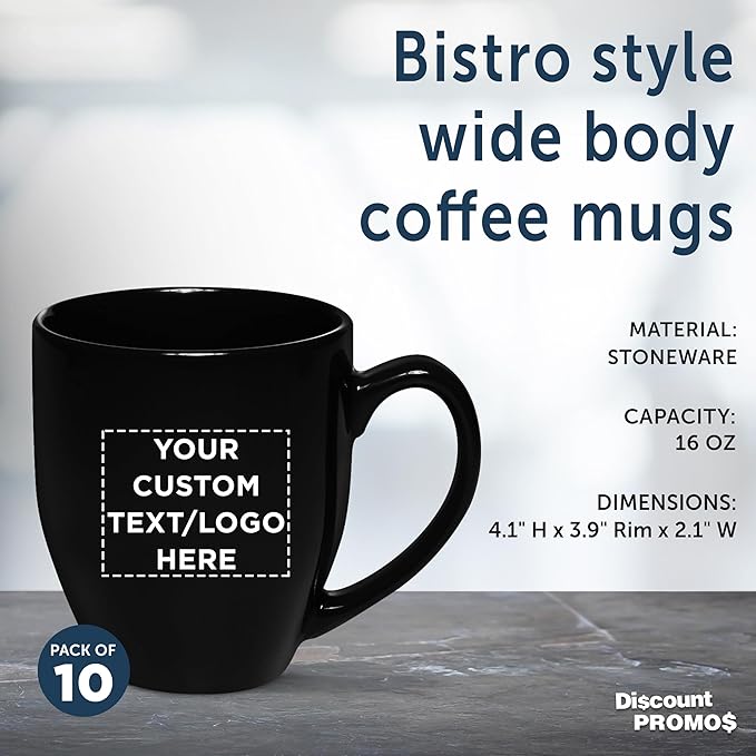 Custom Large Coffee Cups 16 oz. Set of 10, Personalized Bulk Pack - Perfect for Tea, Espresso, Cappuccino, Hot Cocoa - Black