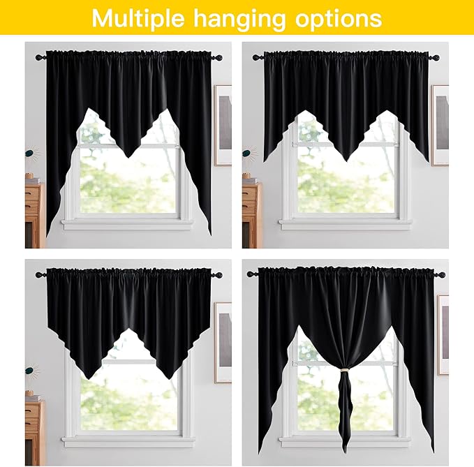 NICETOWN Blackout Window Treatment Pole Pocket Kitchen Tier Curtains- Tailored Scalloped Valance/Swags for Living Room (2 Panels, 36" W X 63" L Each Panel, Black)